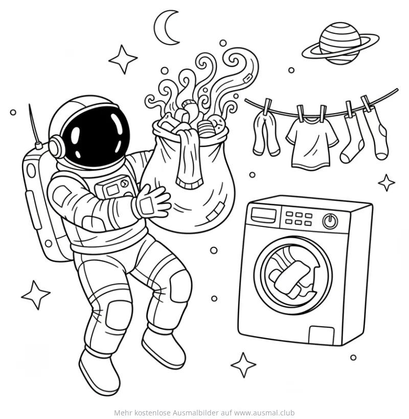 Astronaut mit Wäsche vor Waschmaschine Ausmalbild
