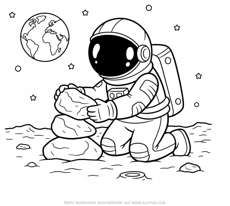Astronaut baut Steinturm auf fremdem Planeten Ausmalbild