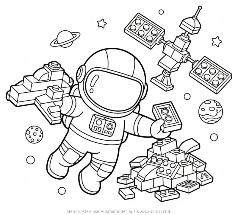 Astronaut mit Legosteinen im Weltraum Ausmalbild