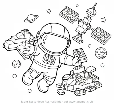 Astronaut mit Legosteinen im Weltraum Ausmalbild