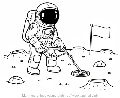 Astronaut mit Metalldetektor auf dem Mond Ausmalbild