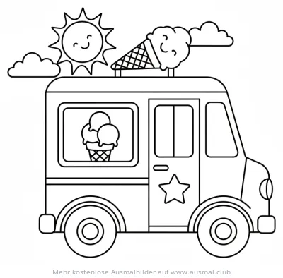 Eiswagen Ausmalbild mit Eis, Sonne und Wolken