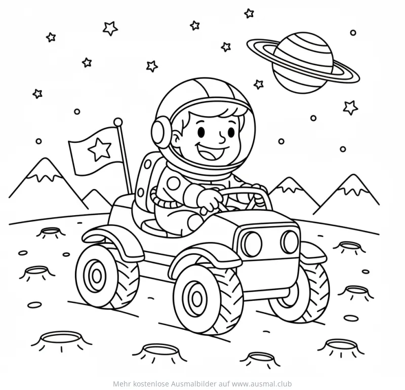 Astronaut fährt mit Mondrover über den Mond Ausmalbild