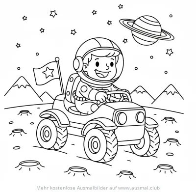 Astronaut fährt mit Mondrover über den Mond Ausmalbild