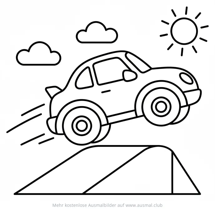 Auto springt über Rampe Ausmalbild, Sonne und Wolken im Hintergrund