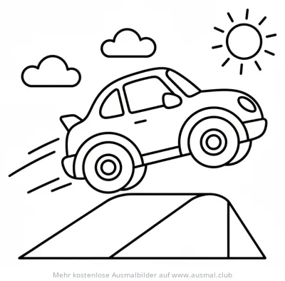 Auto springt über Rampe Ausmalbild, Sonne und Wolken im Hintergrund