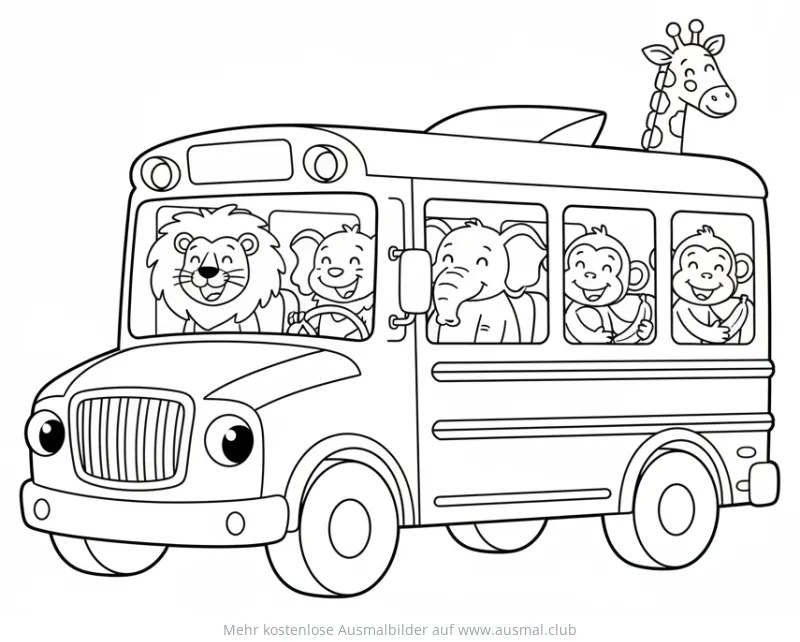 Tierbus Ausmalbild mit Löwe, Hund, Elefant, Affen und Giraffe