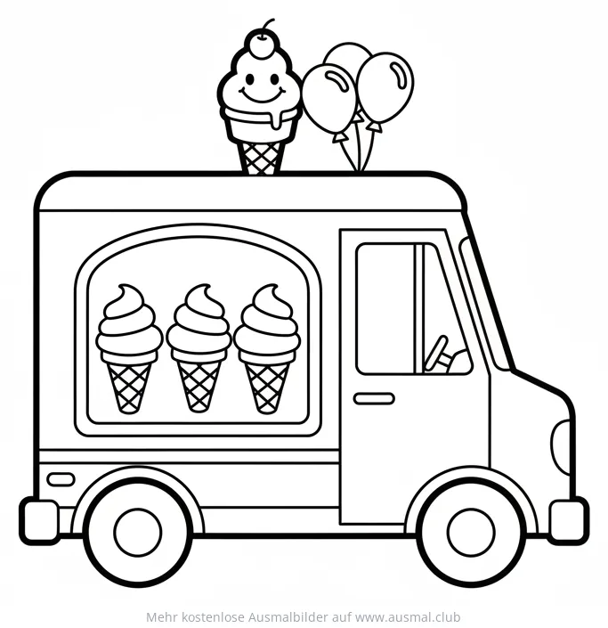Eiswagen mit Luftballons und Eistüten Ausmalbild