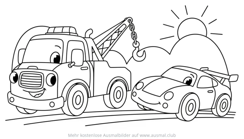 Freundlicher Abschleppwagen hilft Sportwagen Ausmalbild