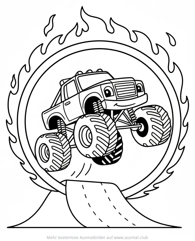 Monster Truck springt durch brennenden Reifen Ausmalbild