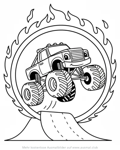 Monster Truck springt durch brennenden Reifen Ausmalbild