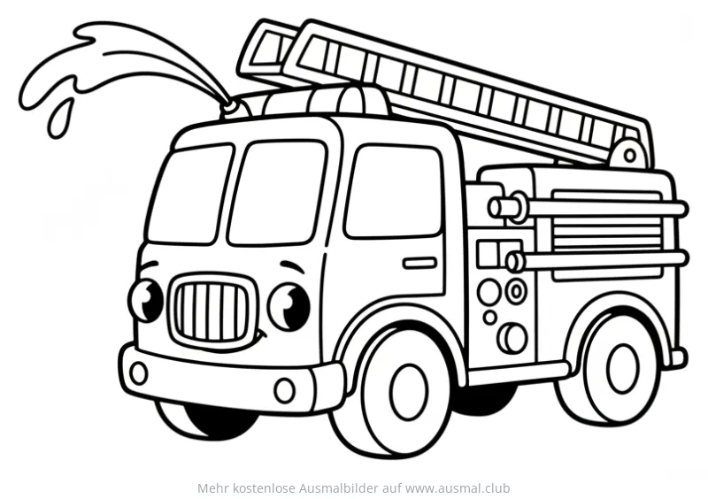 Freundliches Feuerwehrauto spritzt Wasser Ausmalbild