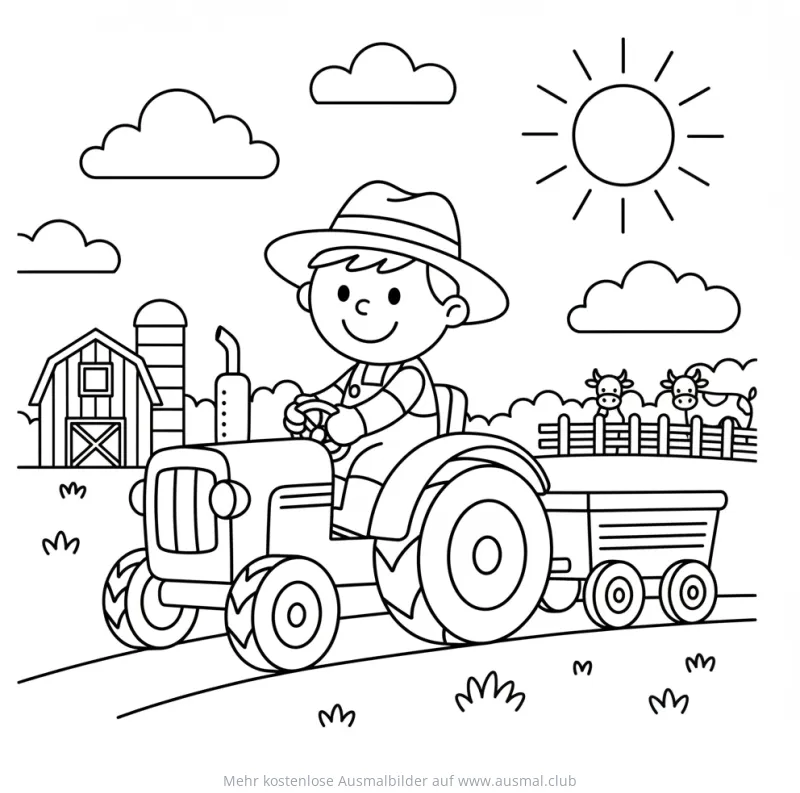 Traktor mit Bauernjunge auf einem Bauernhof Ausmalbild
