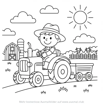 Traktor mit Bauernjunge auf einem Bauernhof Ausmalbild