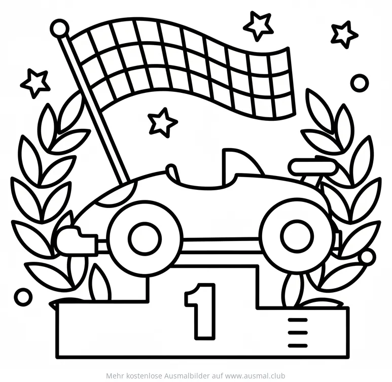 Formel 1 Rennwagen auf Siegerpodest mit Zielflagge Ausmalbild