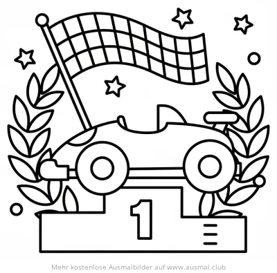 Formel 1 Rennwagen auf Siegerpodest mit Zielflagge Ausmalbild