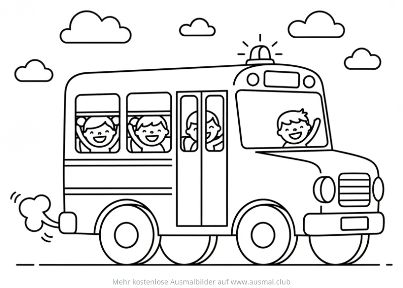 Fröhlicher Schulbus mit winkenden Kindern Ausmalbild