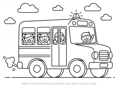 Fröhlicher Schulbus mit winkenden Kindern Ausmalbild