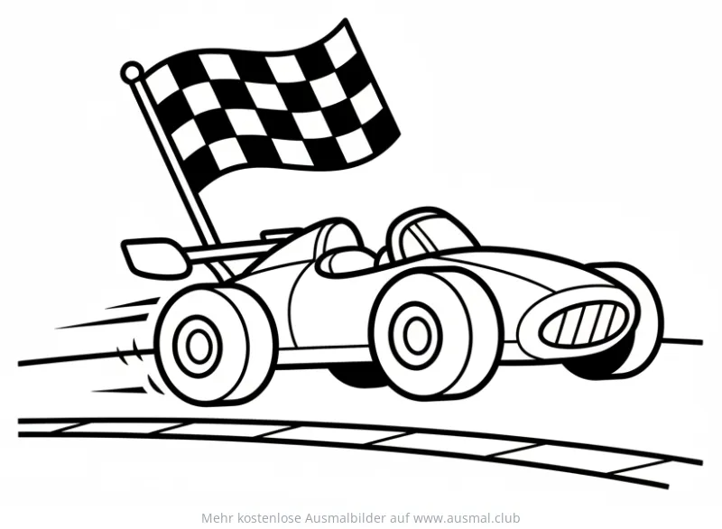 Rennauto mit Zielflagge auf Rennstrecke Ausmalbild