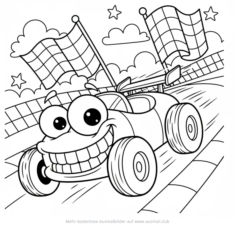 Cartoon Rennauto mit Grinsen überquert Ziellinie Ausmalbild