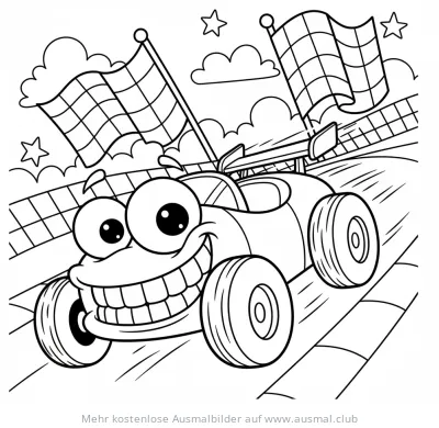 Cartoon Rennauto mit Grinsen überquert Ziellinie Ausmalbild