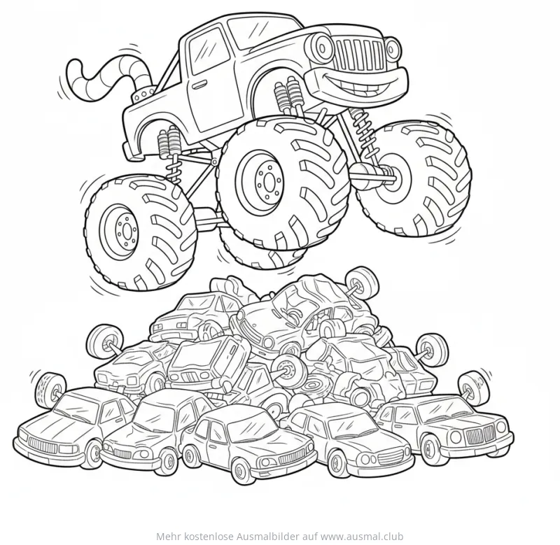 Monstertruck mit zerquetschten Autos Ausmalbild