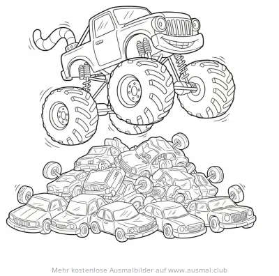 Monstertruck mit zerquetschten Autos Ausmalbild