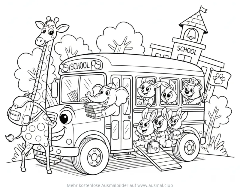 Schulbus mit Tieren (Giraffe, Elefant, Hasen, Bär) Ausmalbild
