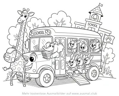 Schulbus mit Tieren (Giraffe, Elefant, Hasen, Bär) Ausmalbild