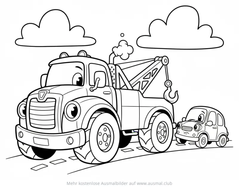 Abschleppwagen zieht kleines Auto Ausmalbild