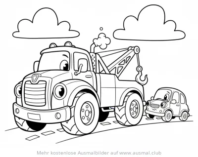 Abschleppwagen zieht kleines Auto Ausmalbild