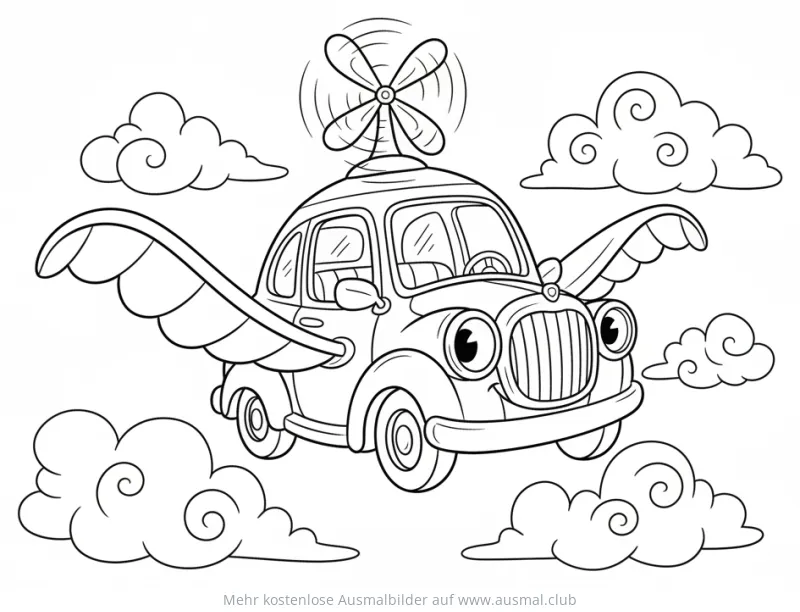 Fliegendes Auto mit Flügeln und Propeller Ausmalbild