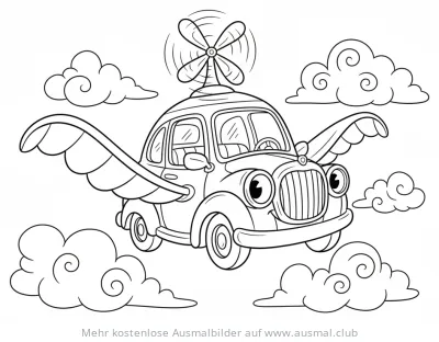 Fliegendes Auto mit Flügeln und Propeller Ausmalbild