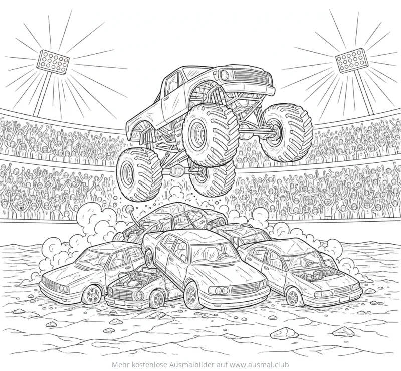 Monster Truck springt über Autos Ausmalbild