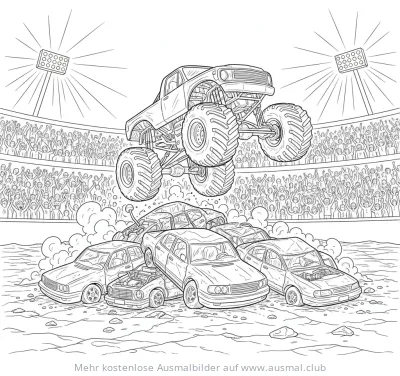 Monster Truck springt über Autos Ausmalbild