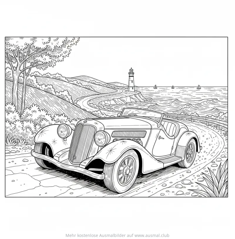 Oldtimer vor Küstenlandschaft Ausmalbild