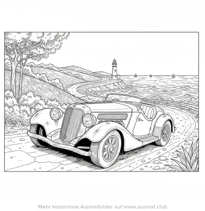Oldtimer vor Küstenlandschaft Ausmalbild