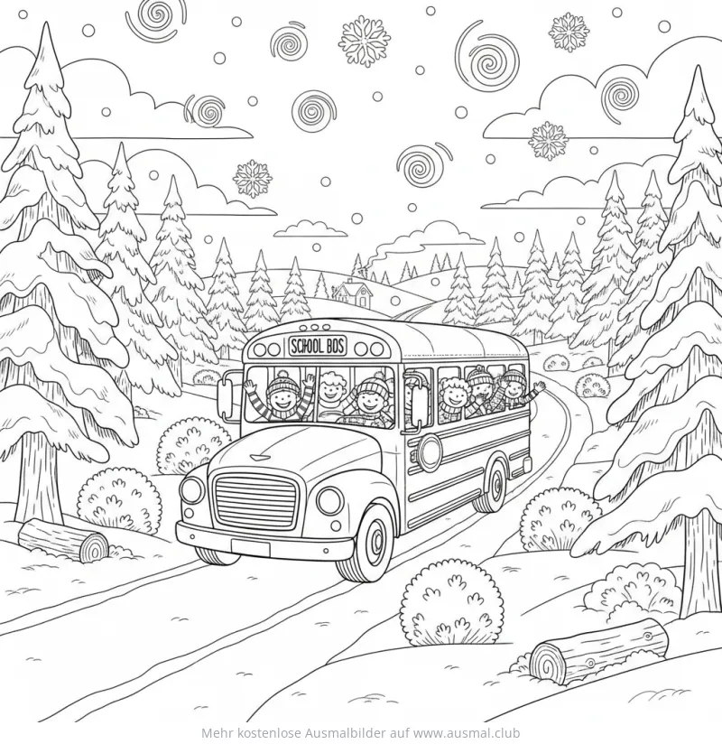 Schulbus mit Kindern im Winter Ausmalbild