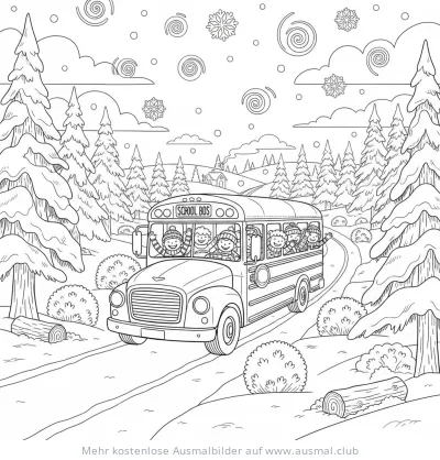 Schulbus mit Kindern im Winter Ausmalbild