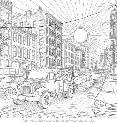 Abschleppwagen Ausmalbild in städtischer Umgebung