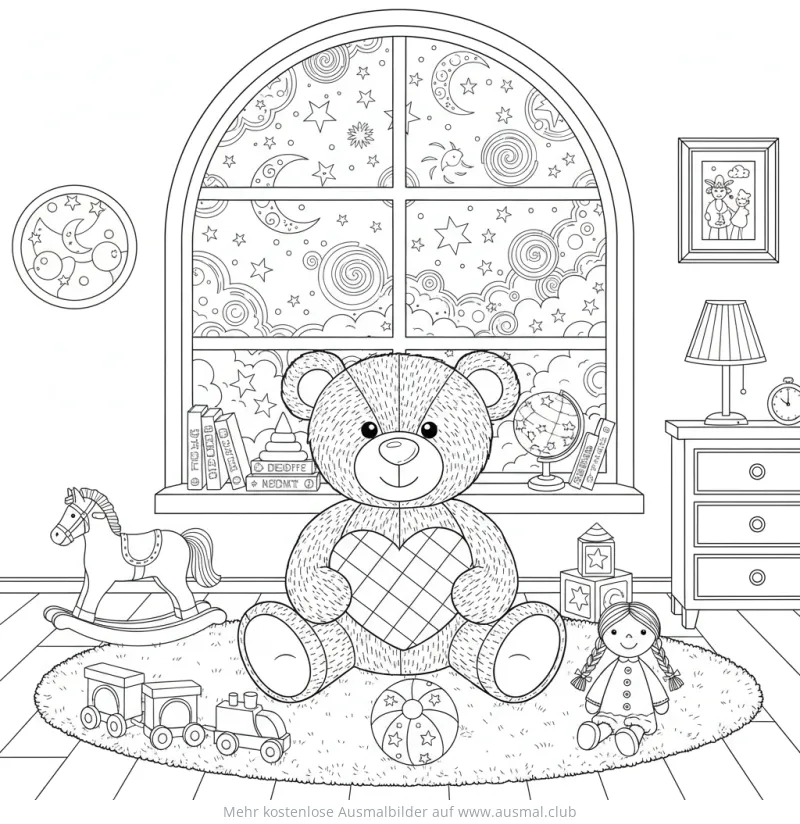 Teddybär im Kinderzimmer Ausmalbild