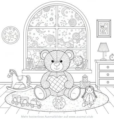 Teddybär im Kinderzimmer Ausmalbild