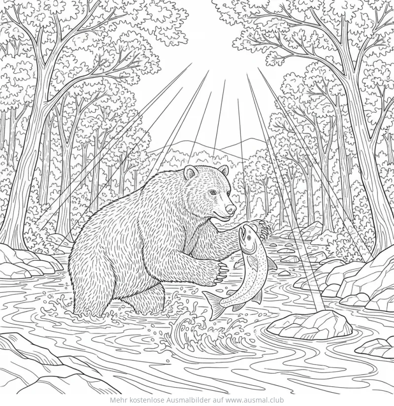 Grizzlybär fängt Lachs im Fluss, Ausmalbild