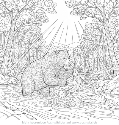 Grizzlybär fängt Lachs im Fluss, Ausmalbild