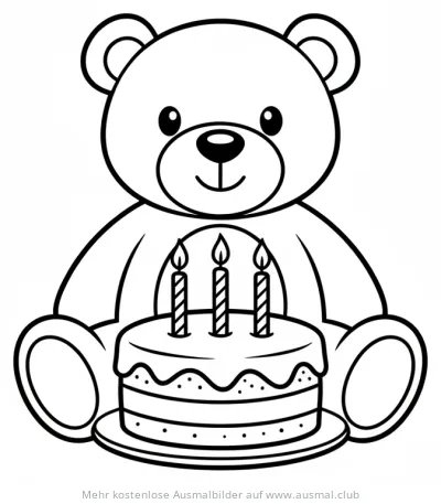 Teddybär mit Geburtstagstorte Ausmalbild