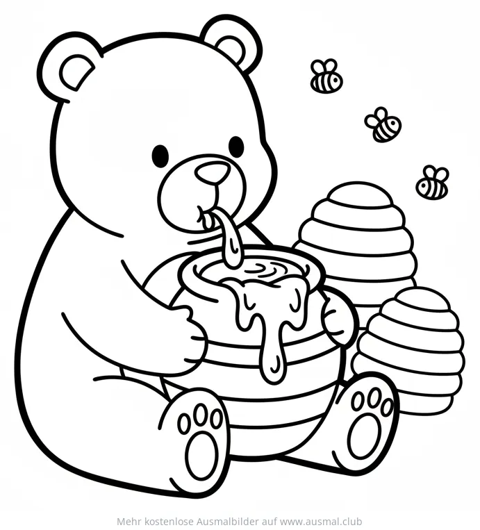 Bär schleckt Honig aus Topf Ausmalbild mit Bienen