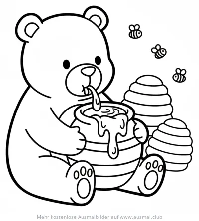 Bär schleckt Honig aus Topf Ausmalbild mit Bienen