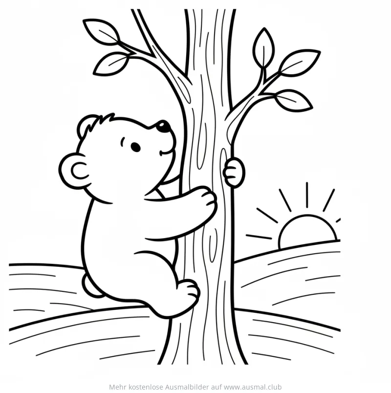 Bär klettert auf Baum Ausmalbild mit Sonne