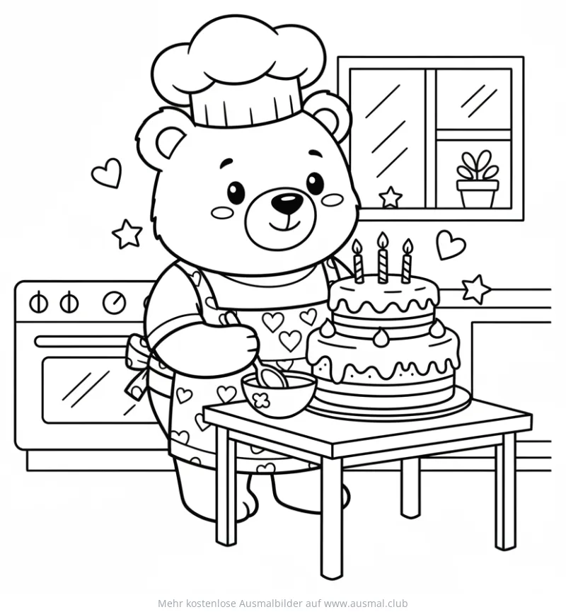 Bär mit Kochmütze backt Kuchen Ausmalbild