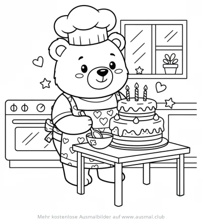 Bär mit Kochmütze backt Kuchen Ausmalbild
